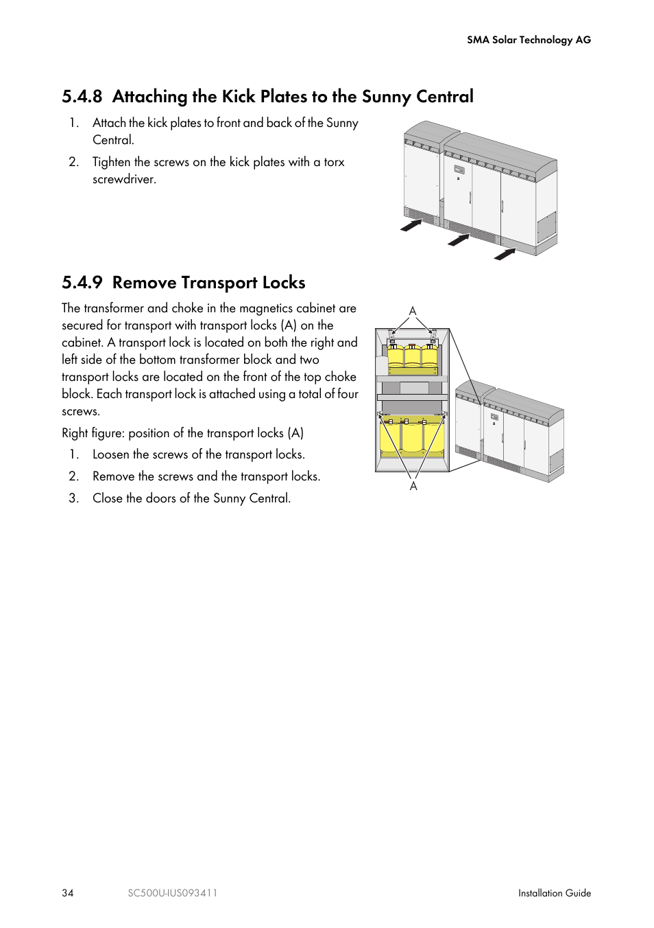 8 attaching the kick plates to the sunny central, 9 remove transport locks | SMA SC 500U Installation User Manual | Page 34 / 76