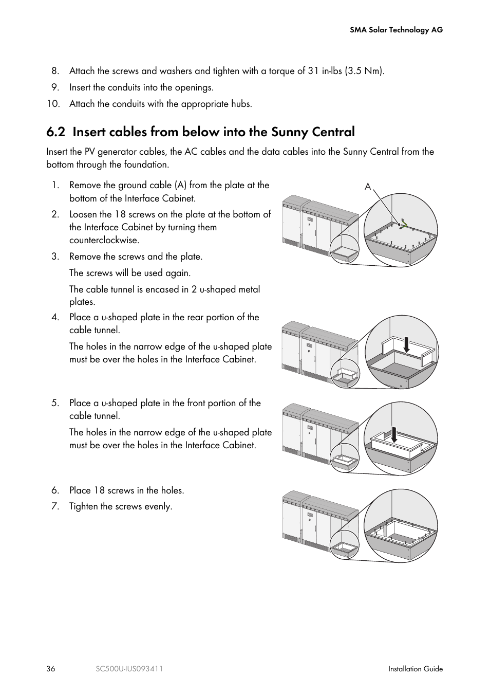 2 insert cables from below into the sunny central | SMA SC 500U Installation User Manual | Page 36 / 76