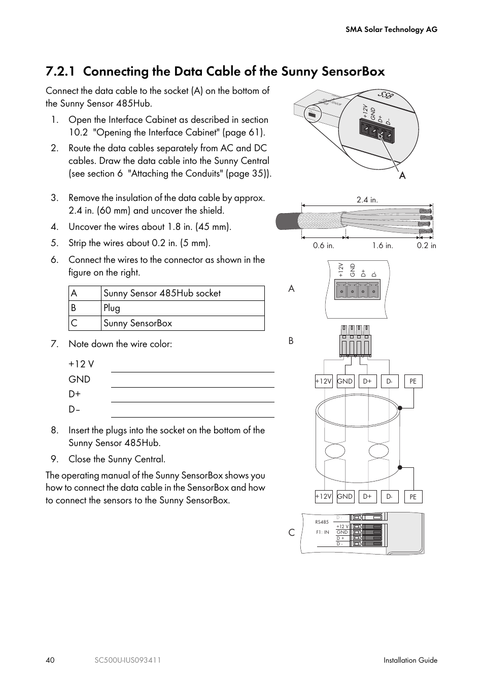 1 connecting the data cable of the sunny sensorbox, Cb a | SMA SC 500U Installation User Manual | Page 40 / 76