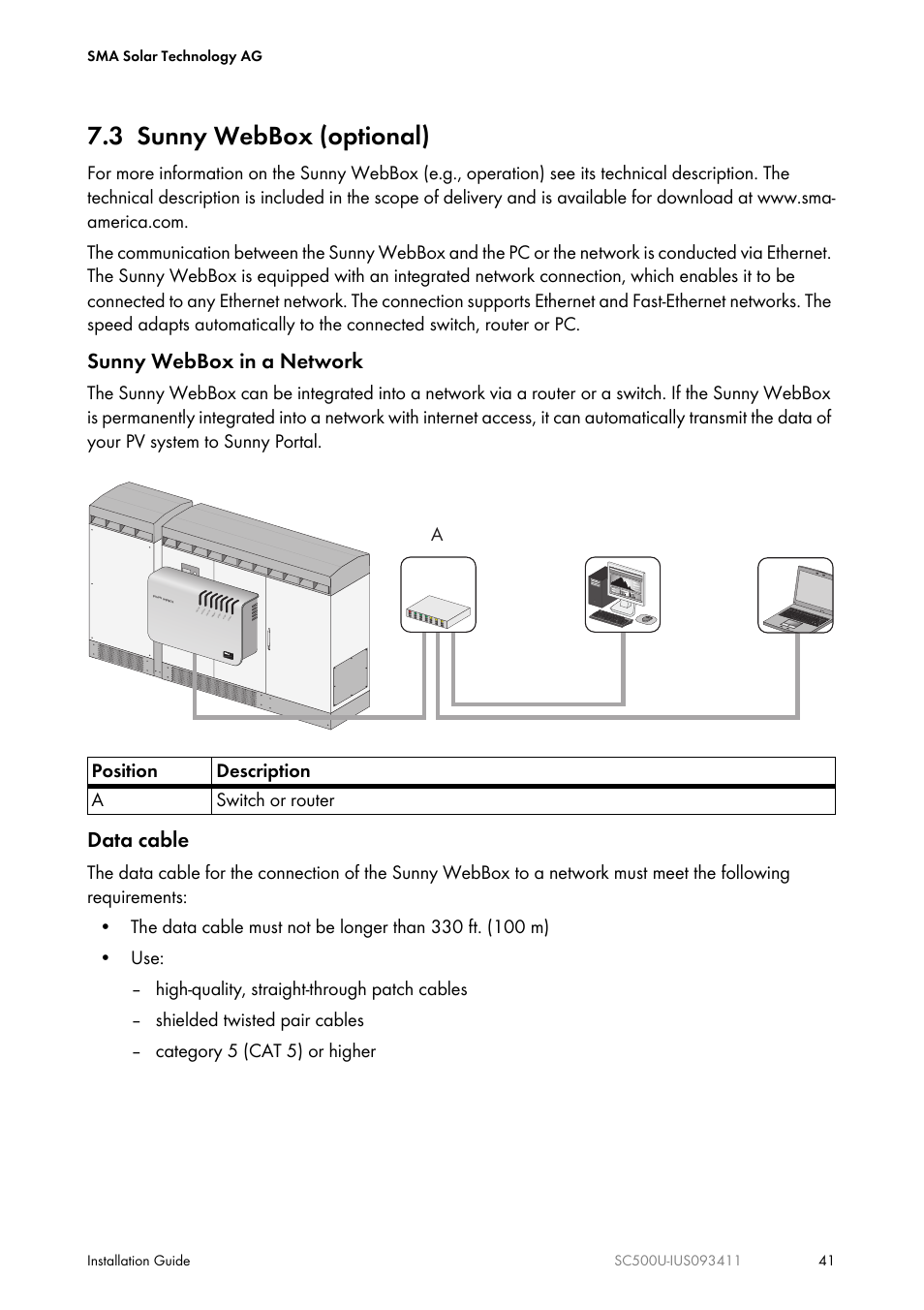 3 sunny webbox (optional), Sunny webbox in a network, Data cable | SMA SC 500U Installation User Manual | Page 41 / 76