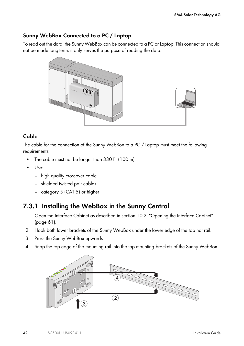 1 installing the webbox in the sunny central, Sunny webbox connected to a pc / laptop, Cable | SMA SC 500U Installation User Manual | Page 42 / 76