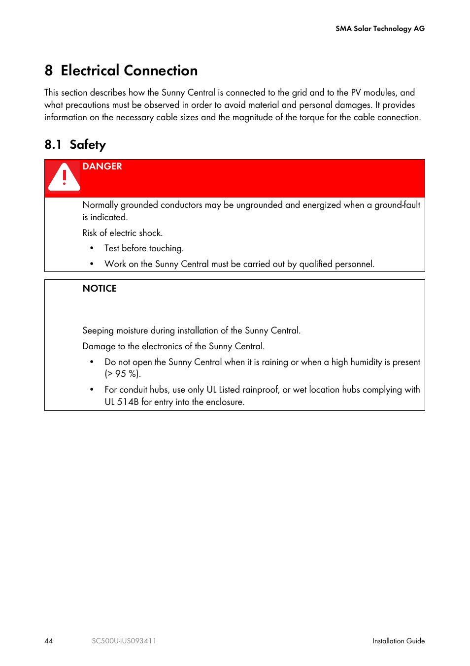 8 electrical connection, 1 safety | SMA SC 500U Installation User Manual | Page 44 / 76