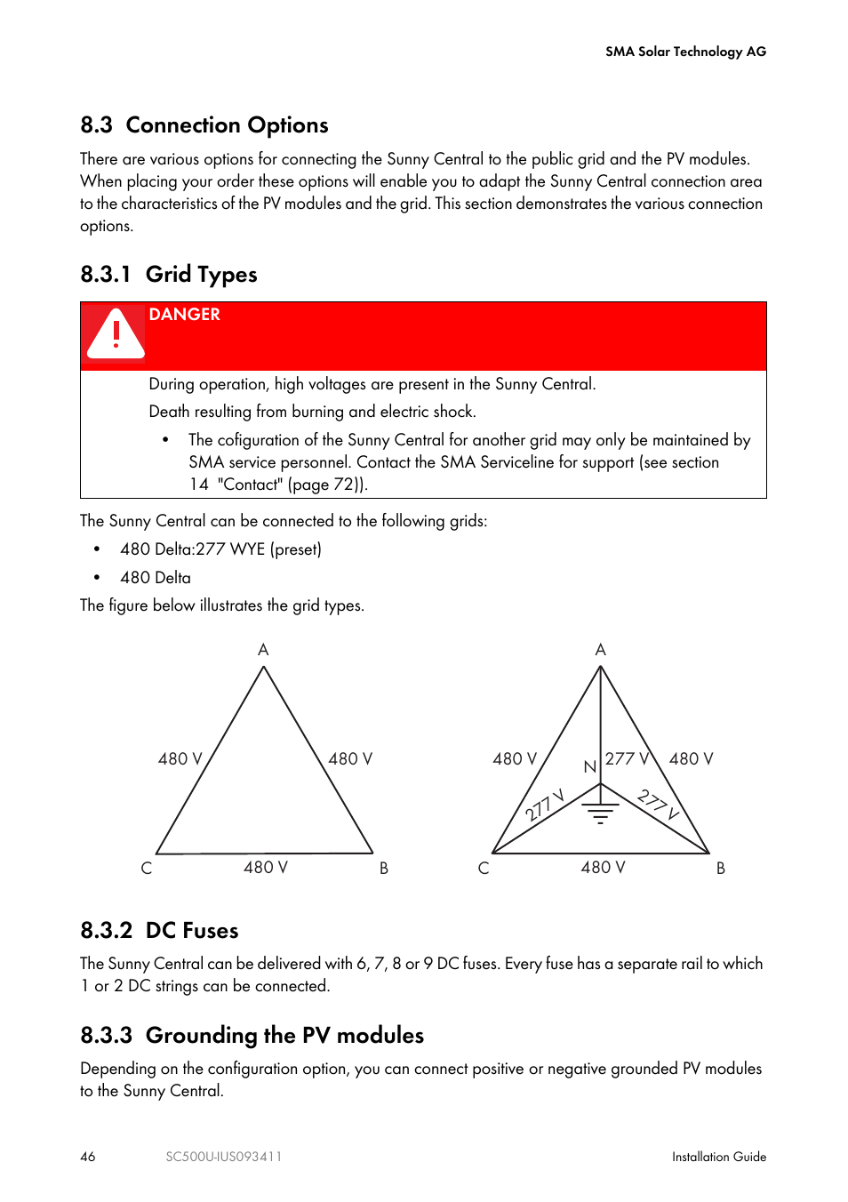 3 connection options, 1 grid types, 2 dc fuses | 3 grounding the pv modules | SMA SC 500U Installation User Manual | Page 46 / 76