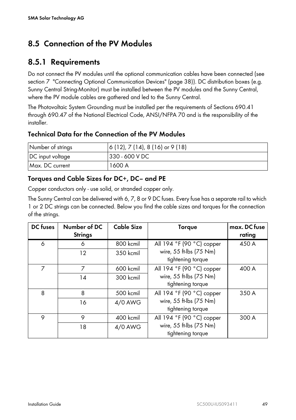 5 connection of the pv modules, 1 requirements, 5 connection of the pv modules 8.5.1 requirements | SMA SC 500U Installation User Manual | Page 49 / 76