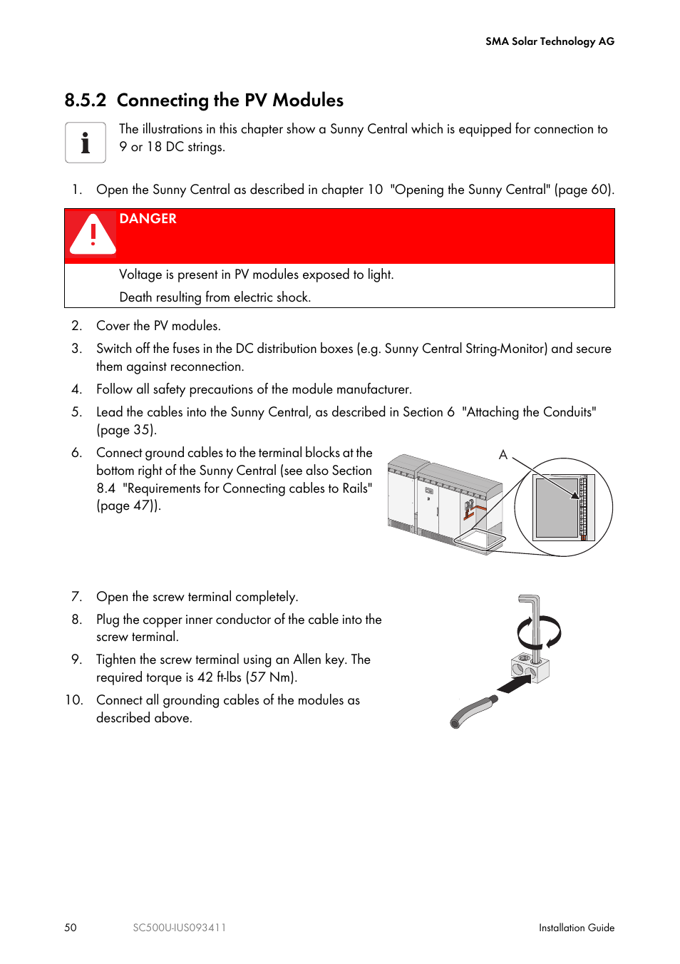 2 connecting the pv modules | SMA SC 500U Installation User Manual | Page 50 / 76