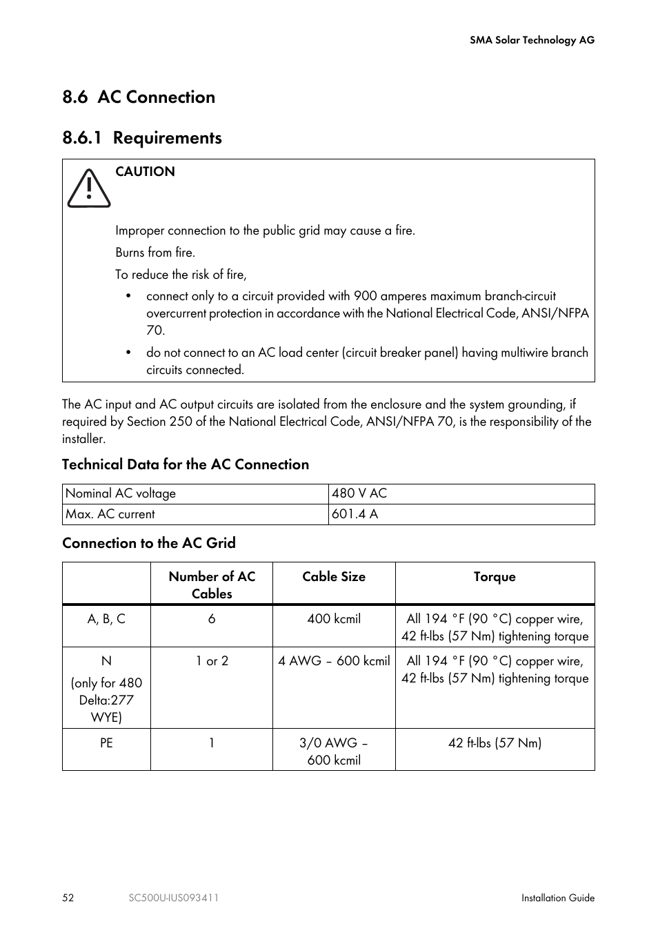 6 ac connection, 1 requirements, 6 ac connection 8.6.1 requirements | SMA SC 500U Installation User Manual | Page 52 / 76