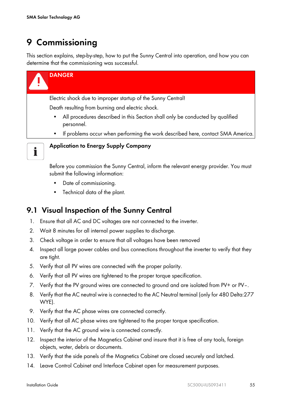 9 commissioning, 1 visual inspection of the sunny central | SMA SC 500U Installation User Manual | Page 55 / 76