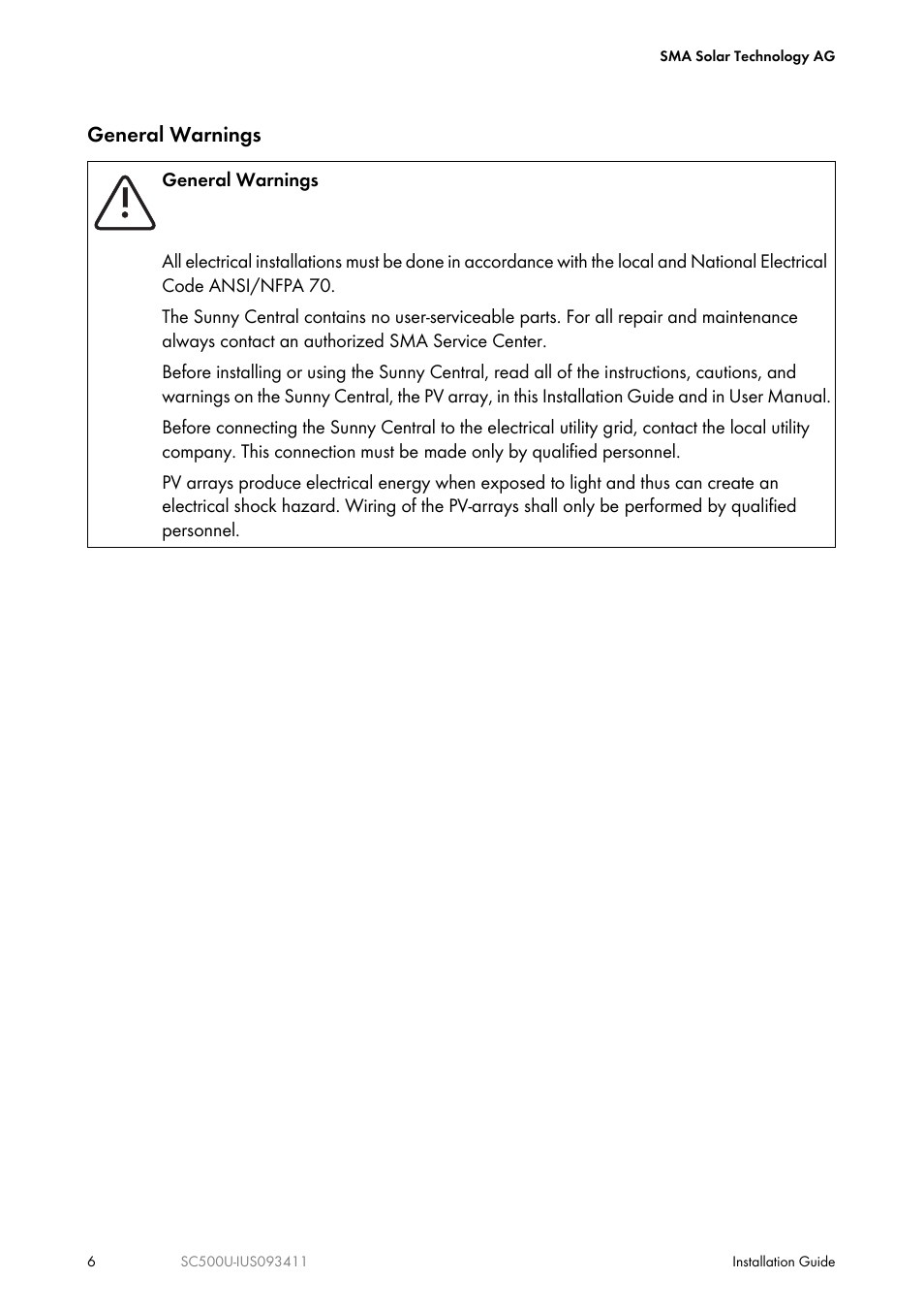 General warnings | SMA SC 500U Installation User Manual | Page 6 / 76