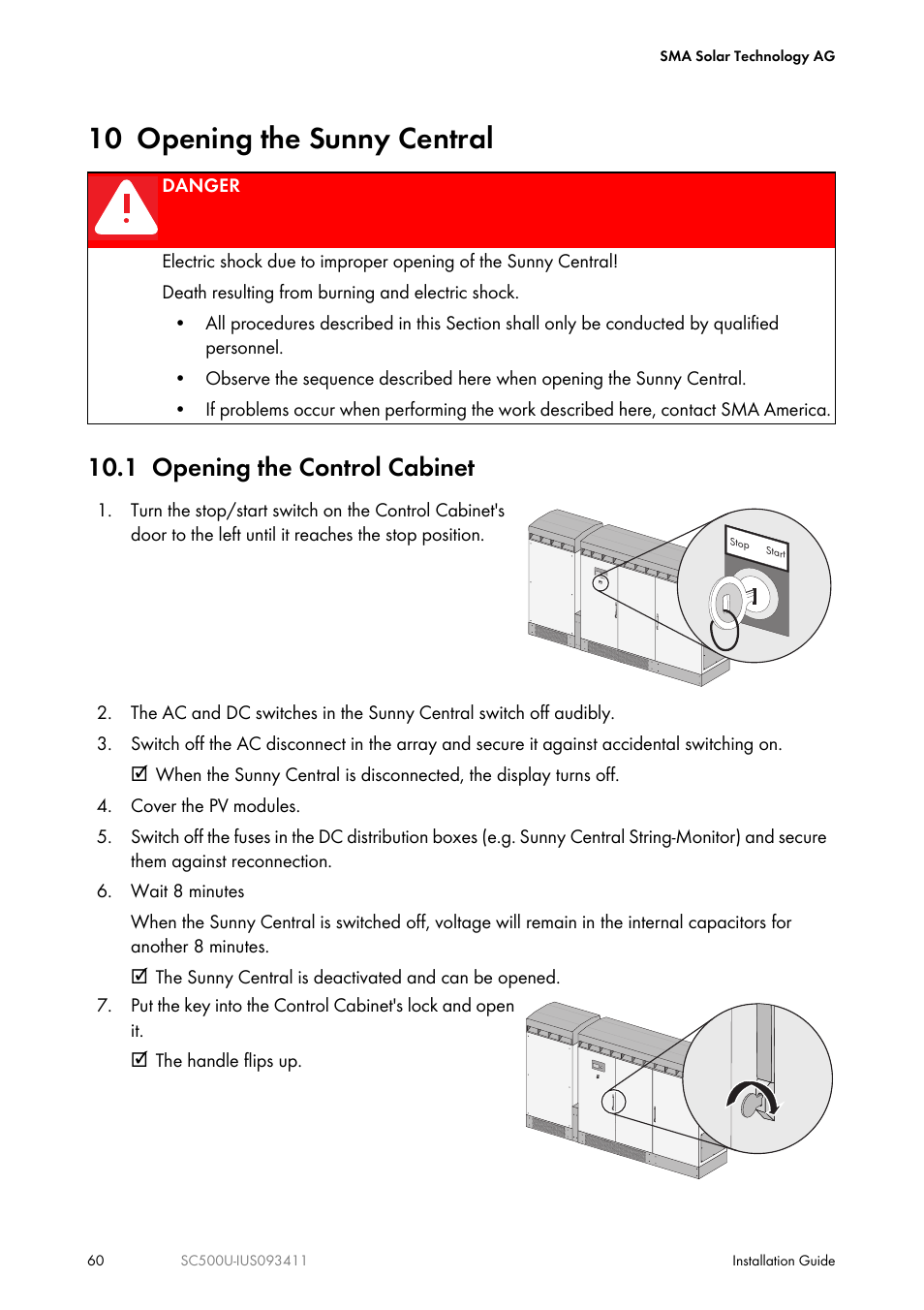 10 opening the sunny central, 1 opening the control cabinet | SMA SC 500U Installation User Manual | Page 60 / 76