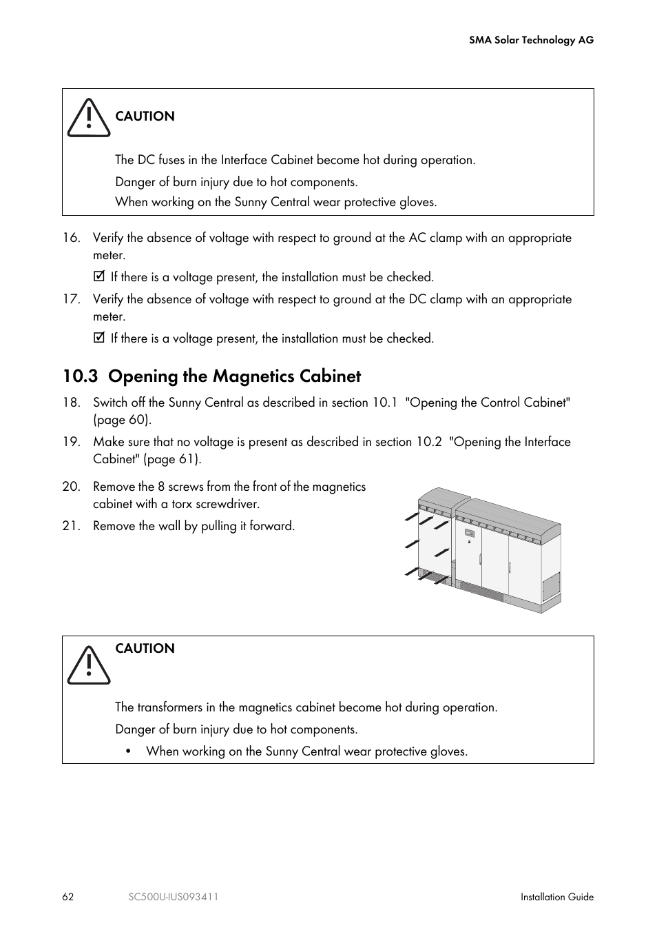 3 opening the magnetics cabinet, 3 "opening the magnetics cabinet | SMA SC 500U Installation User Manual | Page 62 / 76