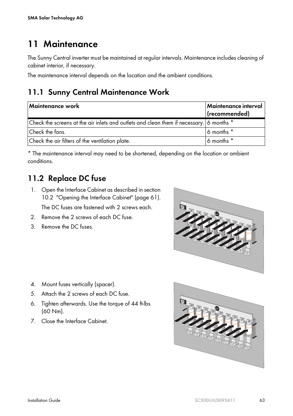 11 maintenance, 1 sunny central maintenance work, 2 replace dc fuse | SMA SC 500U Installation User Manual | Page 63 / 76