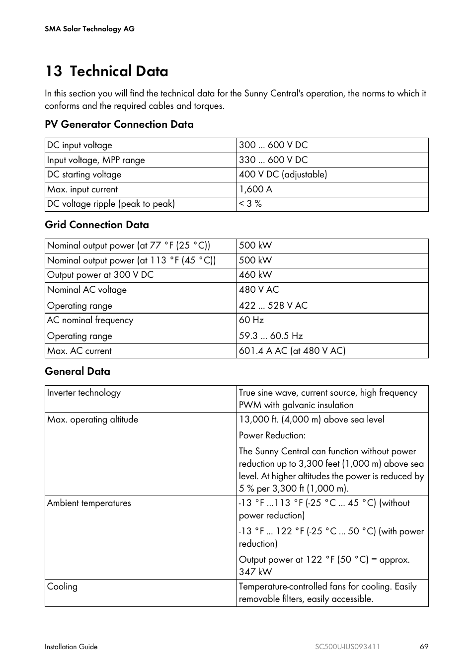 13 technical data | SMA SC 500U Installation User Manual | Page 69 / 76