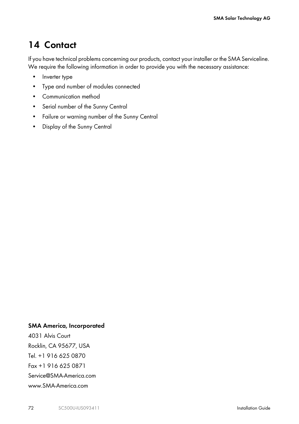 14 contact | SMA SC 500U Installation User Manual | Page 72 / 76