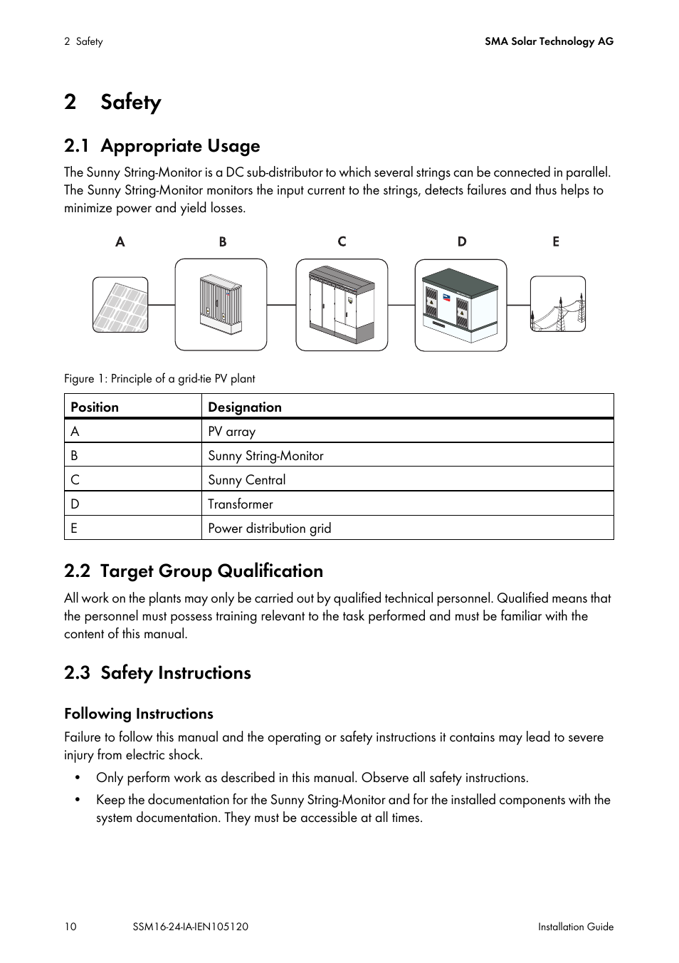 2 safety, 1 appropriate usage, 2 target group qualification | 3 safety instructions, Safety, Appropriate usage, Target group qualification, Safety instructions | SMA SSM16-11 User Manual | Page 10 / 84