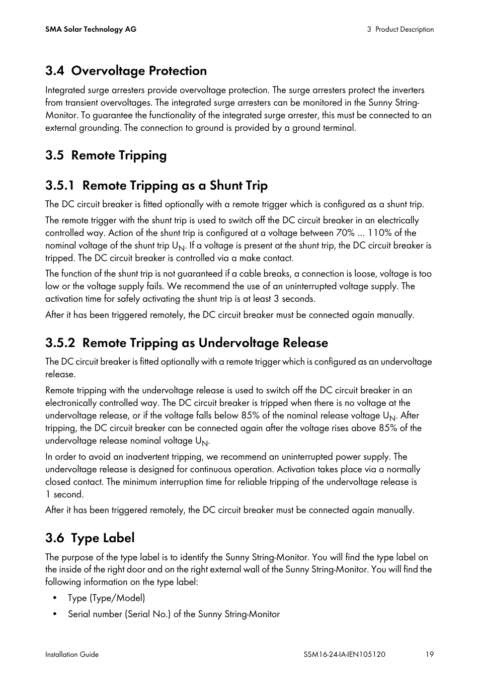 4 overvoltage protection, 5 remote tripping, 1 remote tripping as a shunt trip | 2 remote tripping as undervoltage release, 6 type label, Overvoltage protection, Remote tripping, Remote tripping as a shunt trip, Remote tripping as undervoltage release, Type label | SMA SSM16-11 User Manual | Page 19 / 84