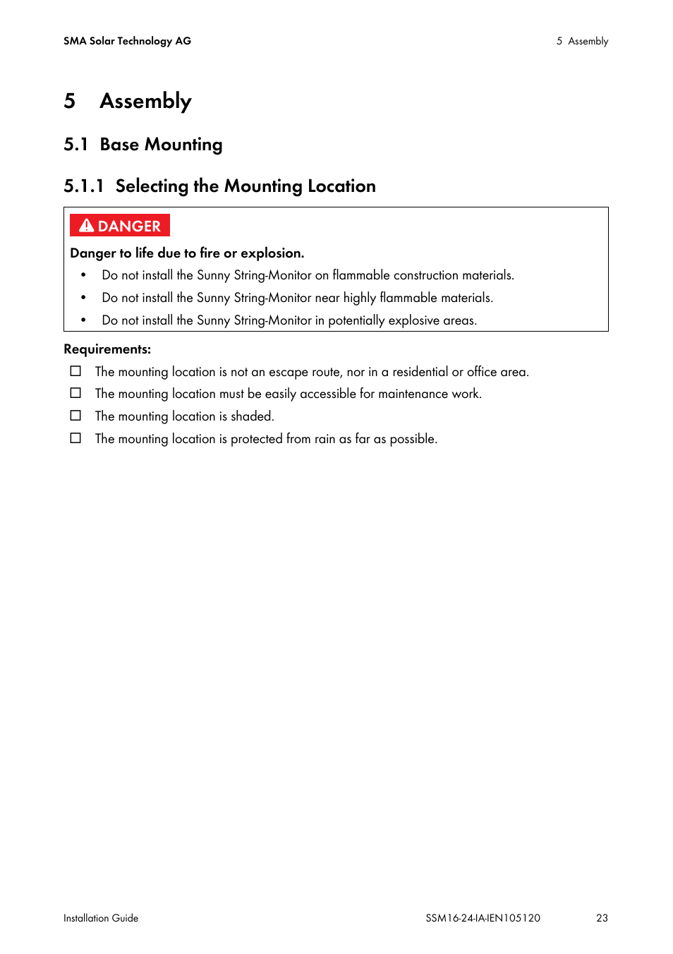 5 assembly, 1 base mounting, 1 selecting the mounting location | Assembly, Base mounting, Selecting the mounting location | SMA SSM16-11 User Manual | Page 23 / 84