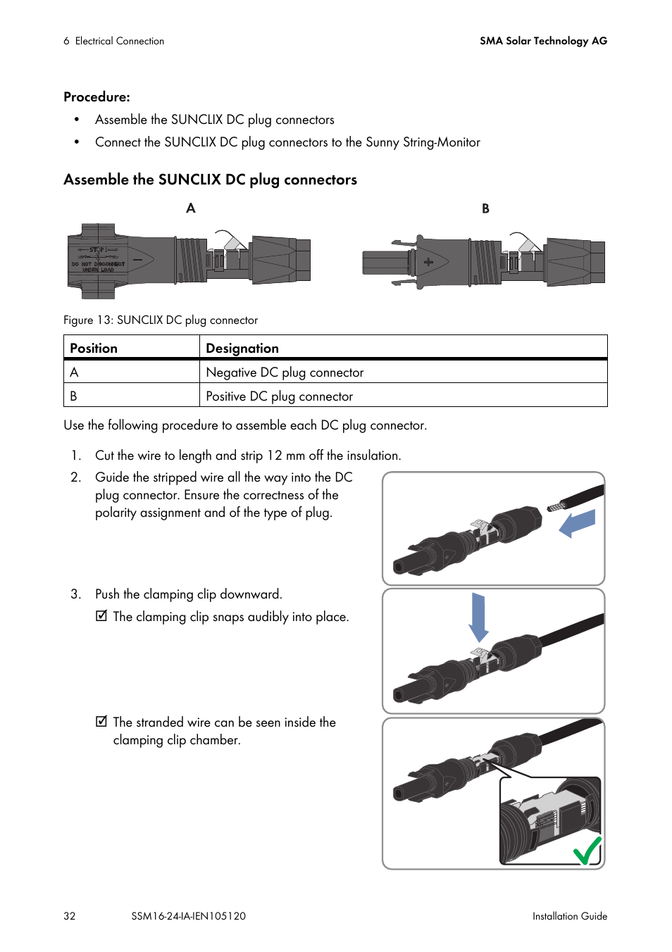 Assemble the sunclix dc plug connectors | SMA SSM16-11 User Manual | Page 32 / 84