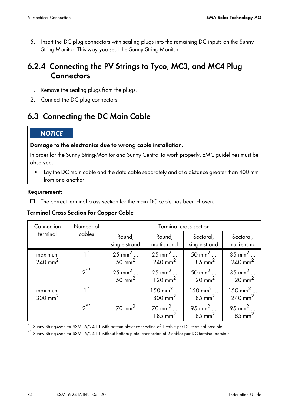 3 connecting the dc main cable, Connecting the dc main cable | SMA SSM16-11 User Manual | Page 34 / 84