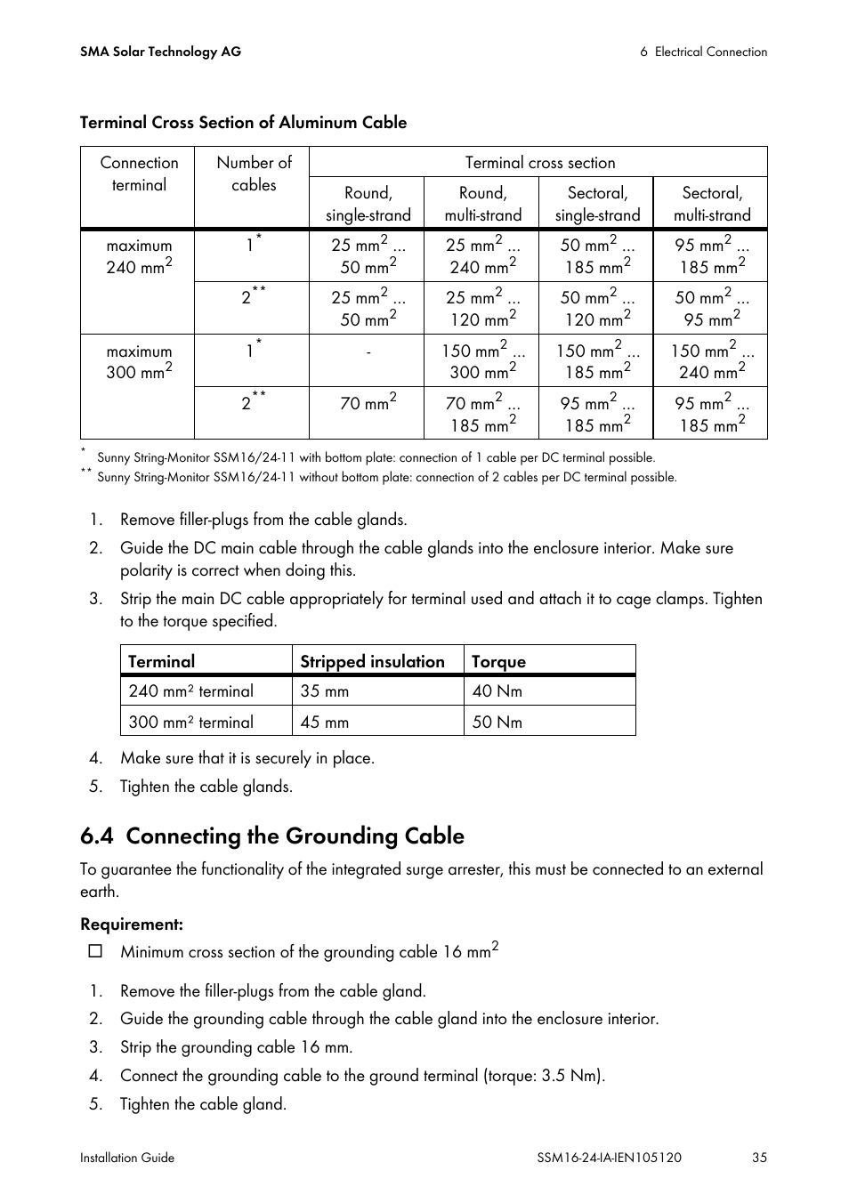 4 connecting the grounding cable, Connecting the grounding cable | SMA SSM16-11 User Manual | Page 35 / 84