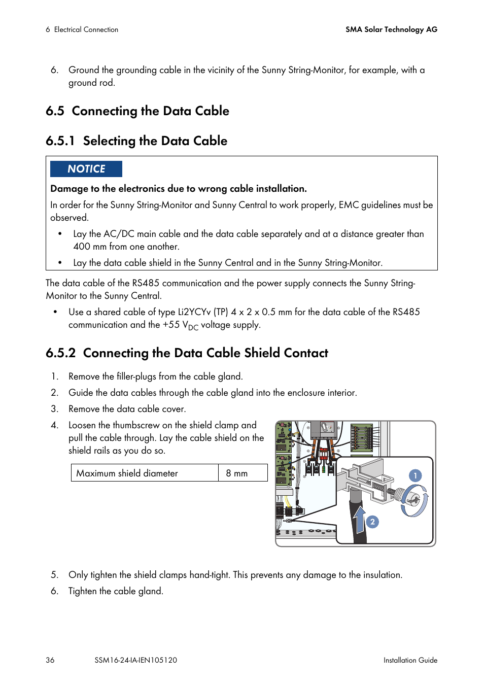 5 connecting the data cable, 1 selecting the data cable, 2 connecting the data cable shield contact | Connecting the data cable, Selecting the data cable, Connecting the data cable shield contact | SMA SSM16-11 User Manual | Page 36 / 84