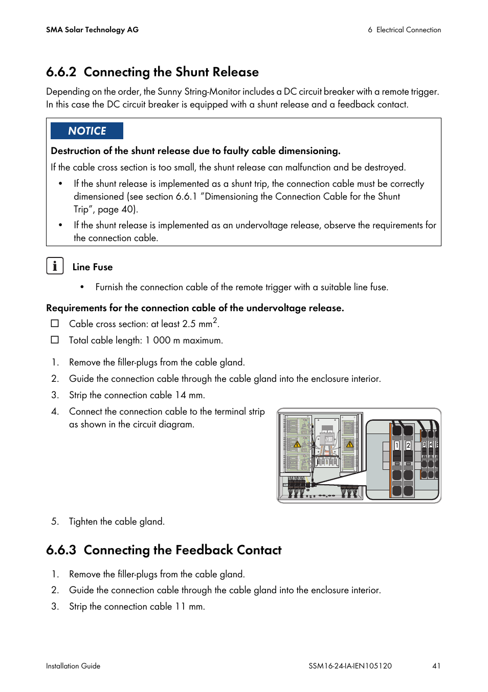 2 connecting the shunt release, 3 connecting the feedback contact, Connecting the shunt release | Connecting the feedback contact | SMA SSM16-11 User Manual | Page 41 / 84