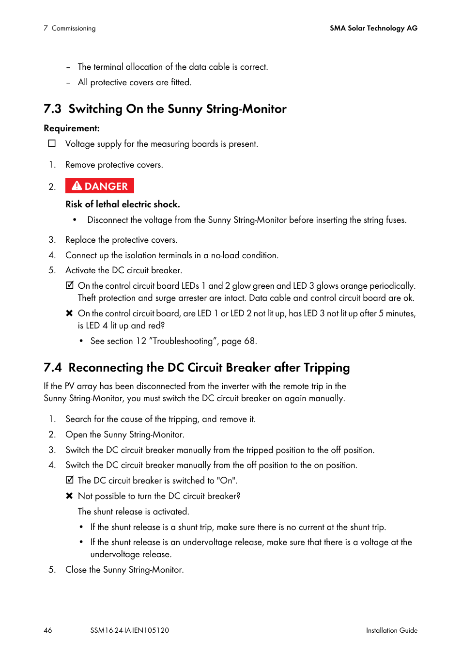 3 switching on the sunny string-monitor, Switching on the sunny string-monitor, Reconnecting the dc circuit breaker after tripping | SMA SSM16-11 User Manual | Page 46 / 84