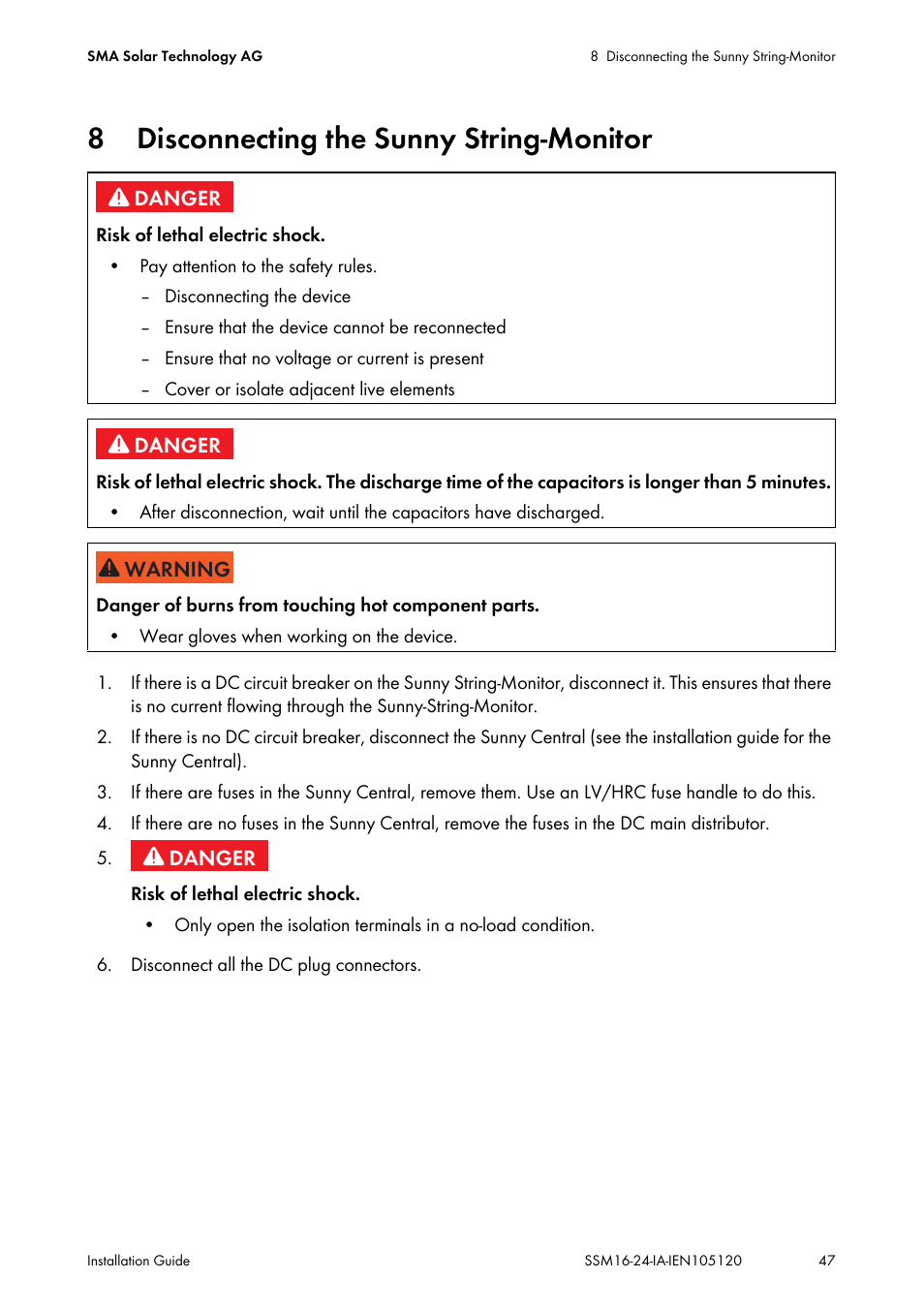 8 disconnecting the sunny string-monitor, Disconnecting the sunny string-monitor | SMA SSM16-11 User Manual | Page 47 / 84