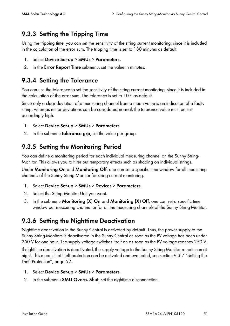 3 setting the tripping time, 4 setting the tolerance, 5 setting the monitoring period | 6 setting the nighttime deactivation, Setting the tripping time, Setting the tolerance, Setting the monitoring period, Setting the nighttime deactivation, N 9.3.6 ”setting the | SMA SSM16-11 User Manual | Page 51 / 84