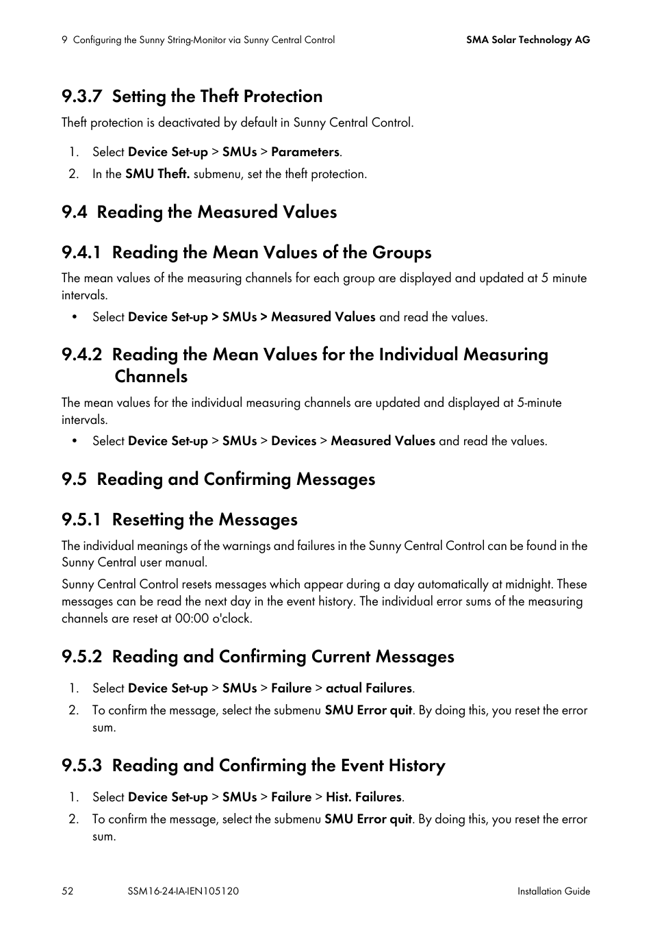 7 setting the theft protection, 4 reading the measured values, 1 reading the mean values of the groups | 5 reading and confirming messages, 1 resetting the messages, 2 reading and confirming current messages, 3 reading and confirming the event history, Setting the theft protection, Reading the measured values, Reading the mean values of the groups | SMA SSM16-11 User Manual | Page 52 / 84