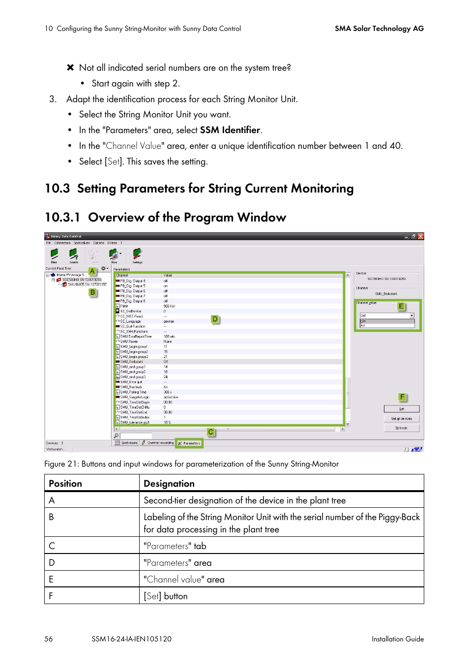 3 setting parameters for string current monitoring, 1 overview of the program window, Setting parameters for string current monitoring | Overview of the program window | SMA SSM16-11 User Manual | Page 56 / 84