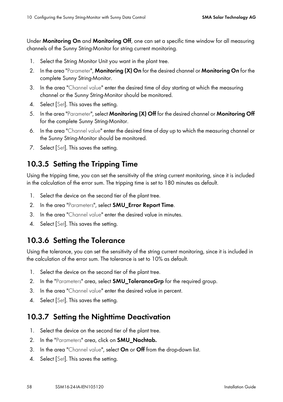 5 setting the tripping time, 6 setting the tolerance, 7 setting the nighttime deactivation | Setting the tripping time, Setting the tolerance, Setting the nighttime deactivation | SMA SSM16-11 User Manual | Page 58 / 84