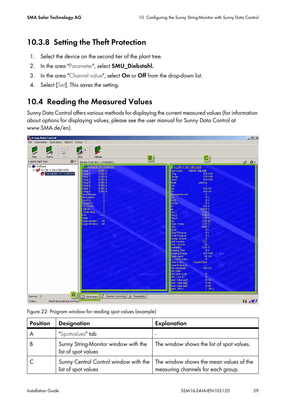 8 setting the theft protection, 4 reading the measured values, Setting the theft protection | Reading the measured values | SMA SSM16-11 User Manual | Page 59 / 84