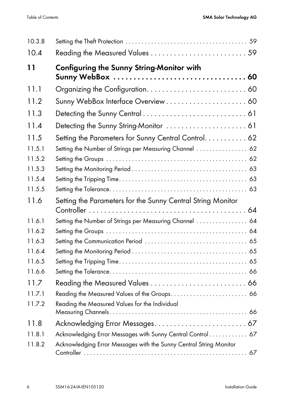 7 reading the measured values, 8 acknowledging error messages | SMA SSM16-11 User Manual | Page 6 / 84