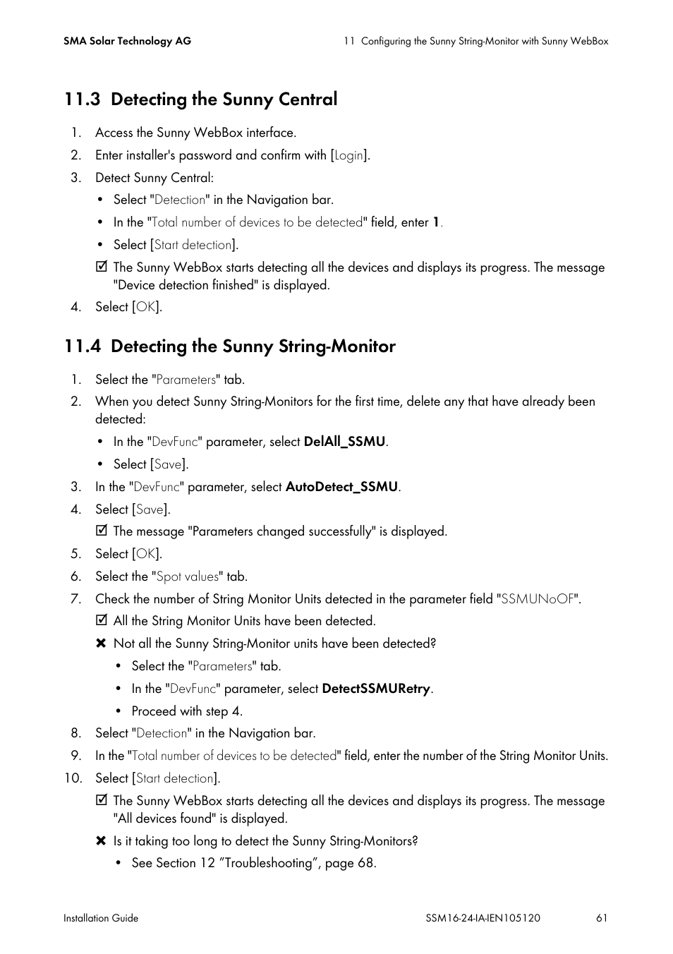 3 detecting the sunny central, 4 detecting the sunny string-monitor, Detecting the sunny central | Detecting the sunny string-monitor | SMA SSM16-11 User Manual | Page 61 / 84