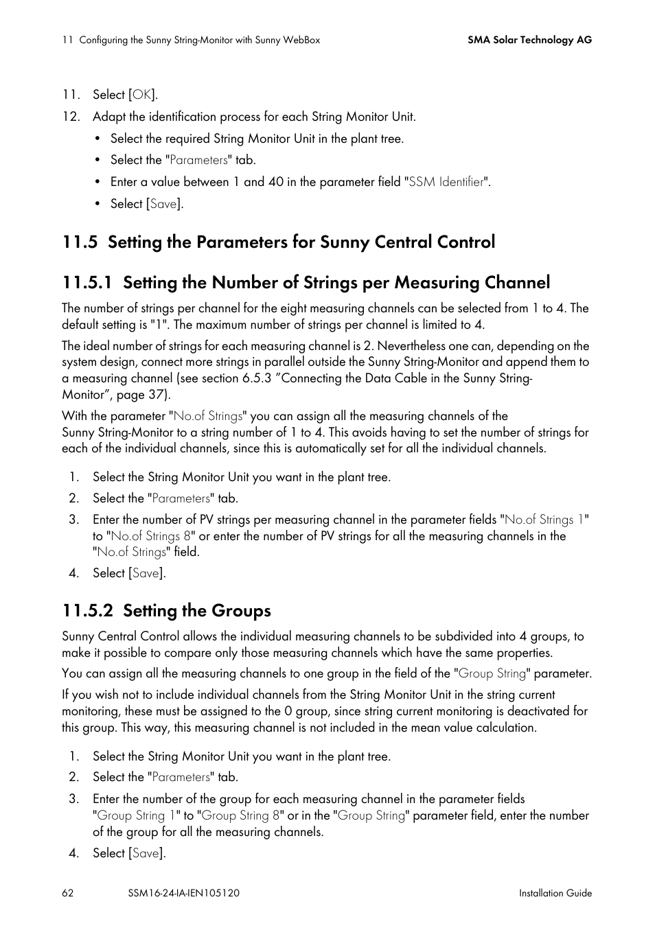 5 setting the parameters for sunny central control, 2 setting the groups, Setting the parameters for sunny central control | Setting the groups | SMA SSM16-11 User Manual | Page 62 / 84