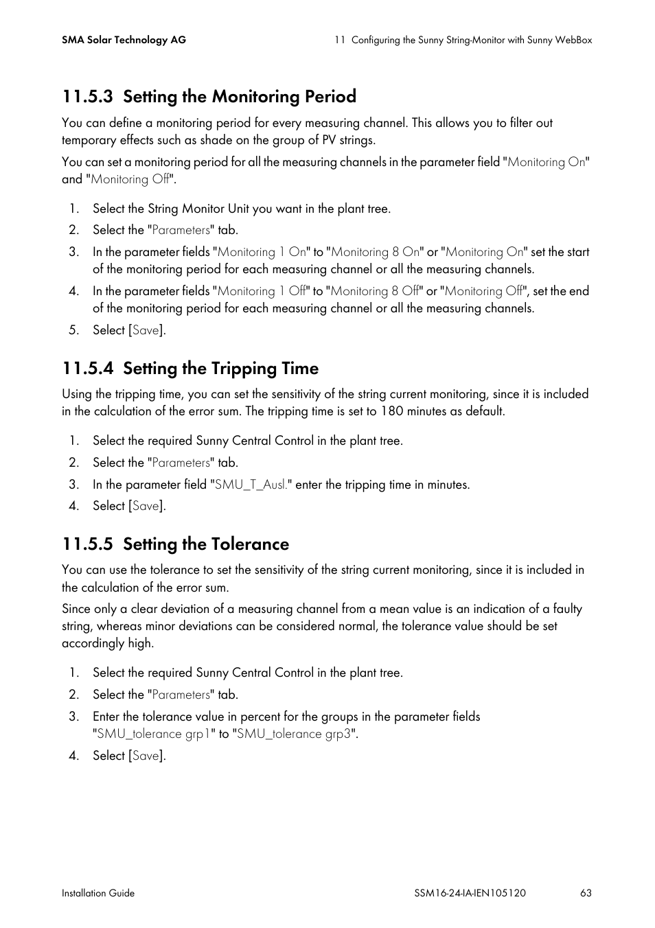 3 setting the monitoring period, 4 setting the tripping time, 5 setting the tolerance | Setting the monitoring period, Setting the tripping time, Setting the tolerance | SMA SSM16-11 User Manual | Page 63 / 84