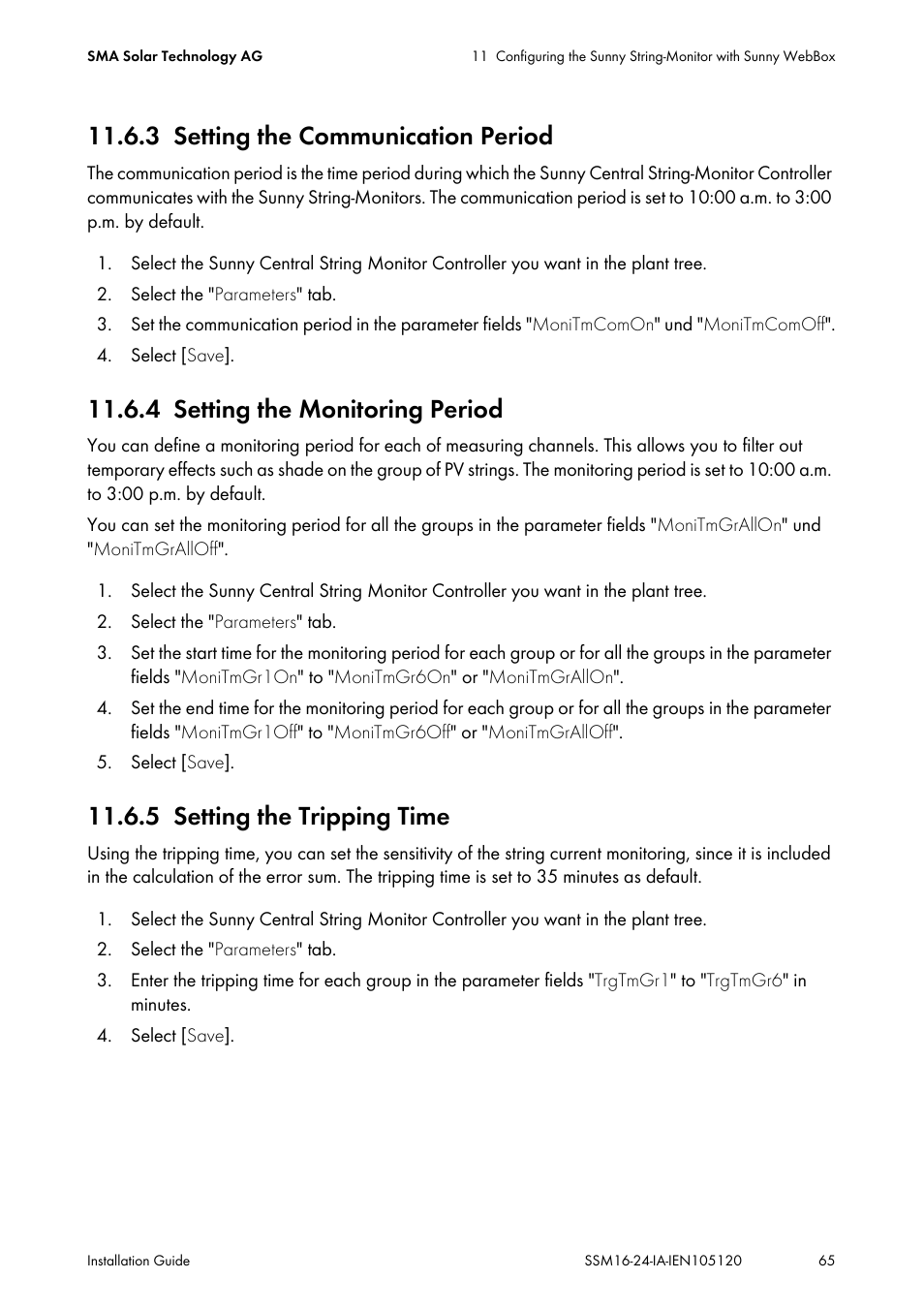 3 setting the communication period, 4 setting the monitoring period, 5 setting the tripping time | Setting the communication period, Setting the monitoring period, Setting the tripping time | SMA SSM16-11 User Manual | Page 65 / 84