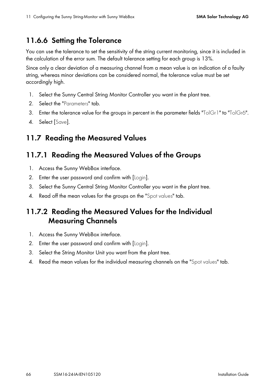 6 setting the tolerance, 7 reading the measured values, 1 reading the measured values of the groups | Setting the tolerance, Reading the measured values, Reading the measured values of the groups | SMA SSM16-11 User Manual | Page 66 / 84