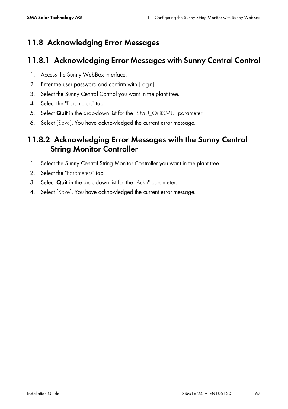 8 acknowledging error messages, Acknowledging error messages | SMA SSM16-11 User Manual | Page 67 / 84