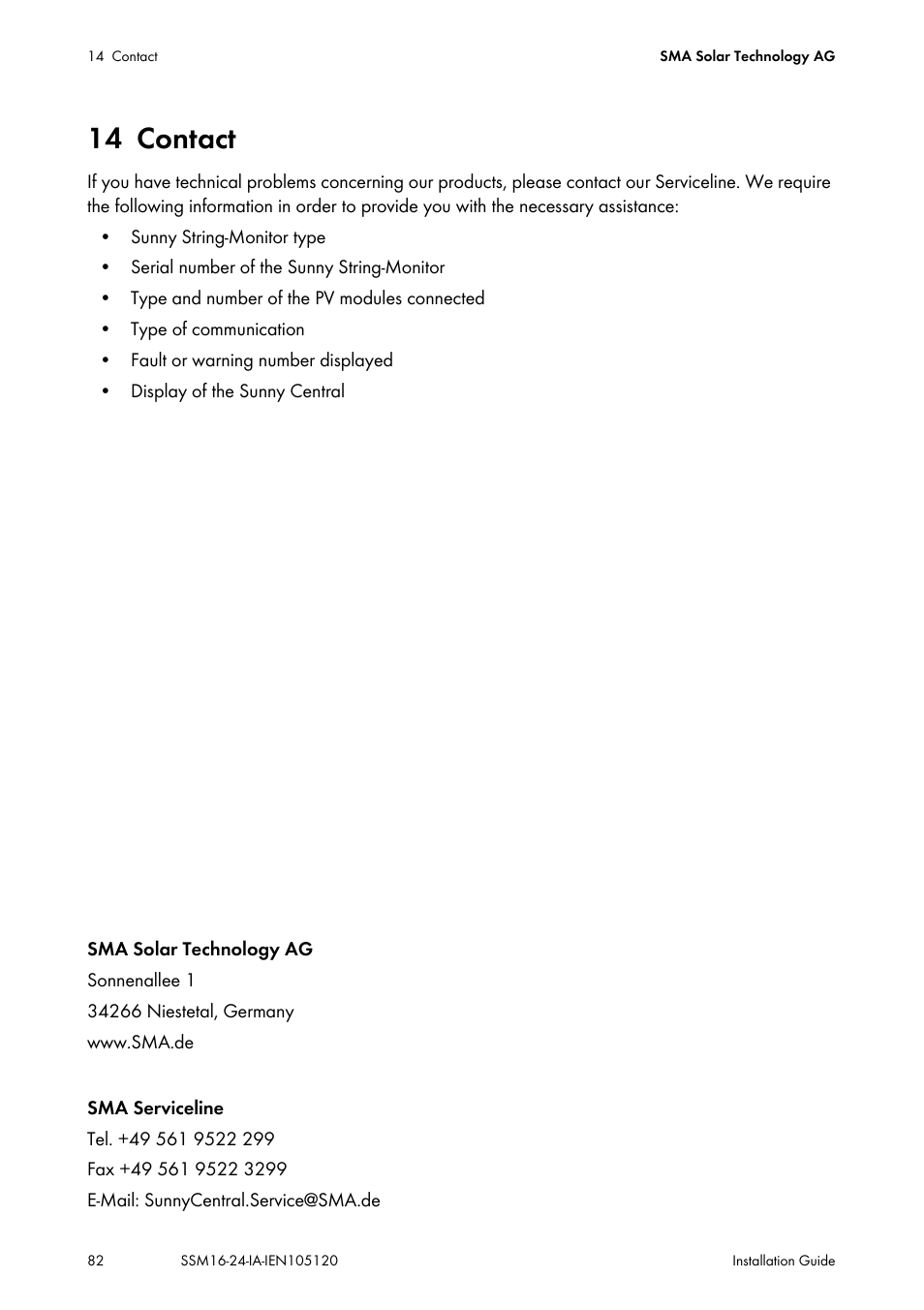 14 contact, Contact | SMA SSM16-11 User Manual | Page 82 / 84