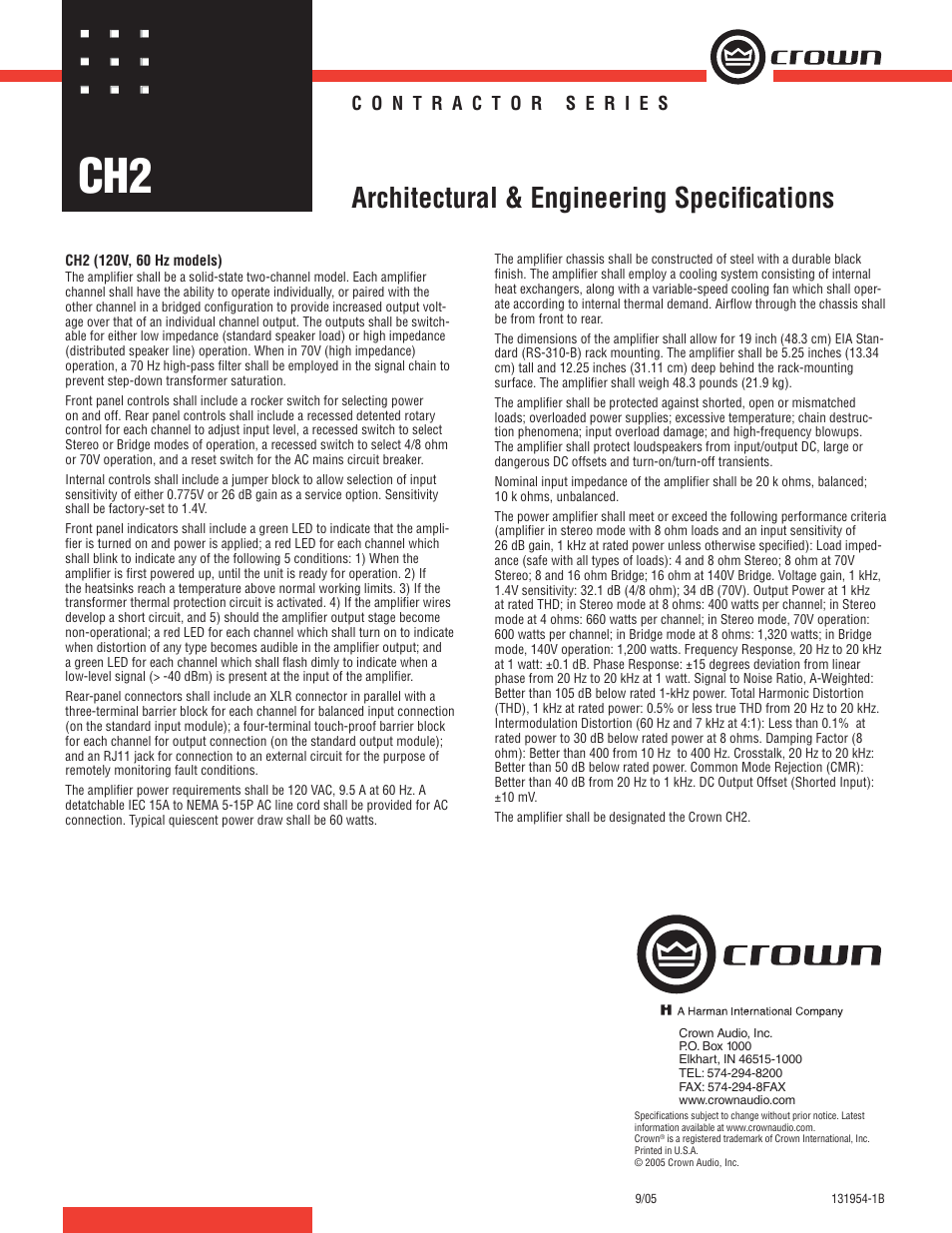 Crown Audio CH2 User Manual | 1 page