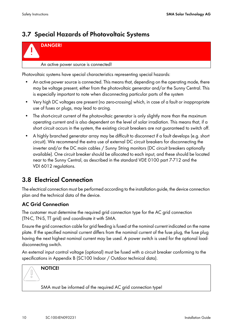 7 special hazards of photovoltaic systems, 8 electrical connection, Special hazards of photovoltaic systems | Electrical connection | SMA SC 100 Indoor Installation User Manual | Page 10 / 56