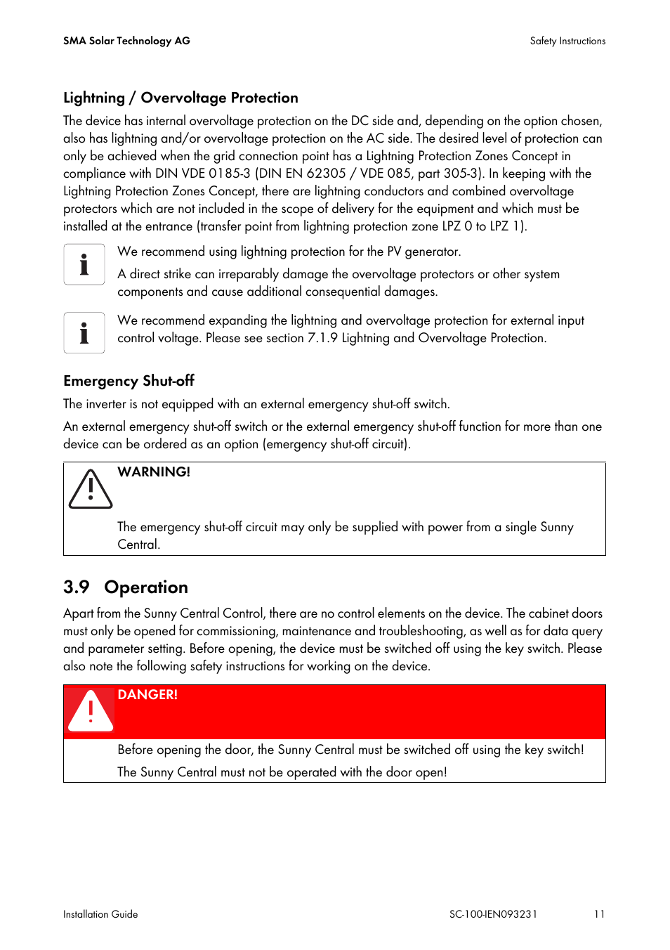 9 operation, Operation | SMA SC 100 Indoor Installation User Manual | Page 11 / 56