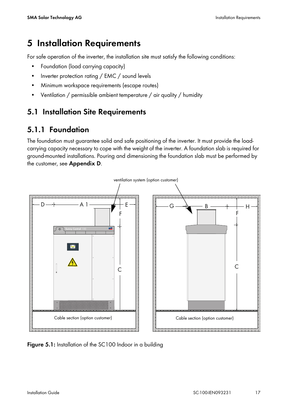 5 installation requirements, 1 installation site requirements, 1 foundation | Installation requirements, Installation site requirements, Foundation, 1 installation site requirements 5.1.1 foundation | SMA SC 100 Indoor Installation User Manual | Page 17 / 56