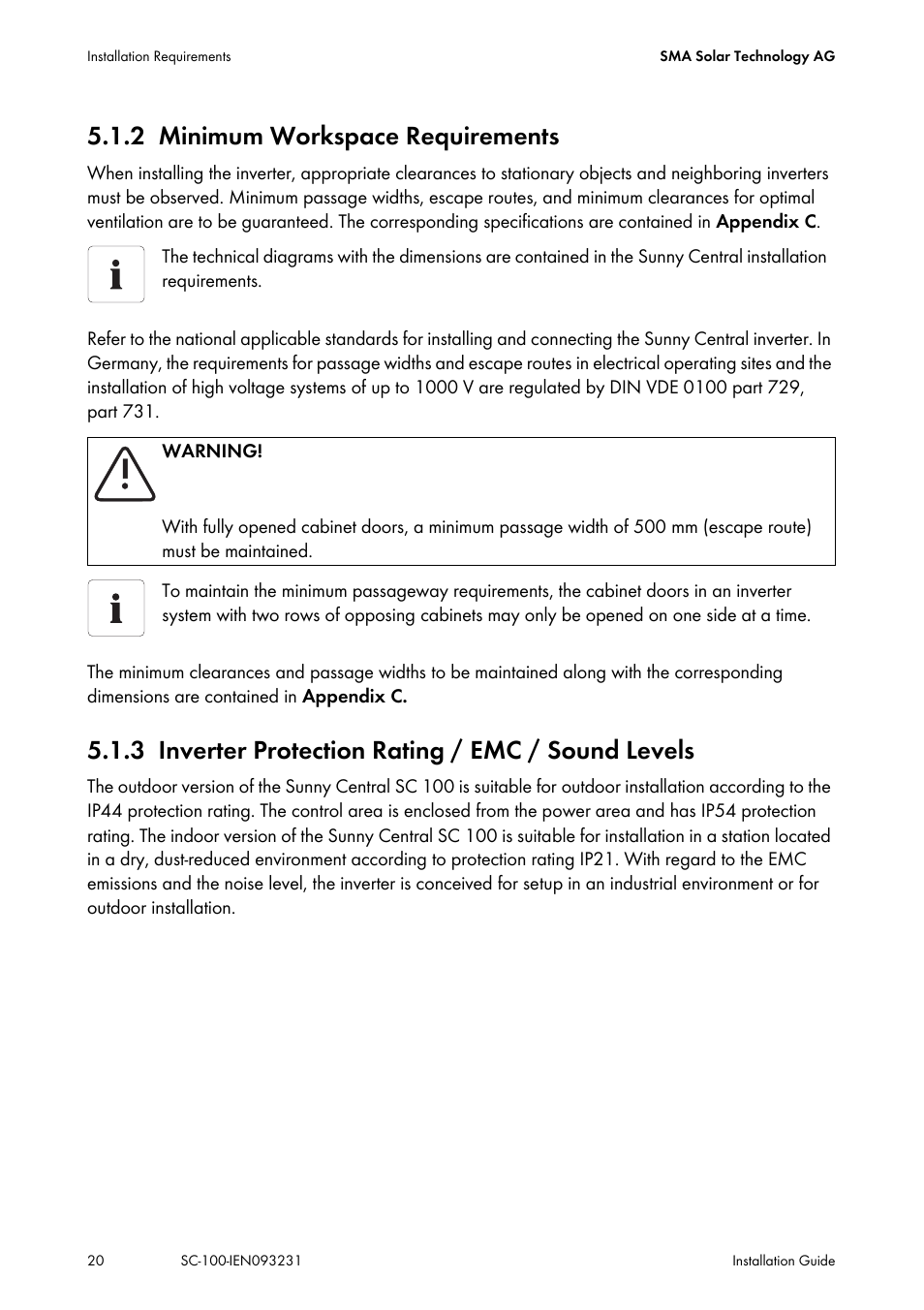 2 minimum workspace requirements, 3 inverter protection rating / emc / sound levels, Minimum workspace requirements | Inverter protection rating / emc / sound levels | SMA SC 100 Indoor Installation User Manual | Page 20 / 56