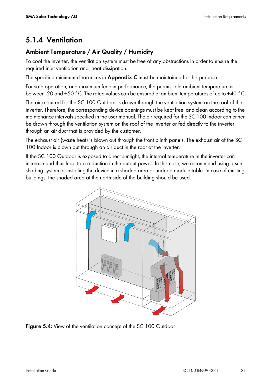 4 ventilation, Ventilation, Ambient temperature / air quality / humidity | SMA SC 100 Indoor Installation User Manual | Page 21 / 56