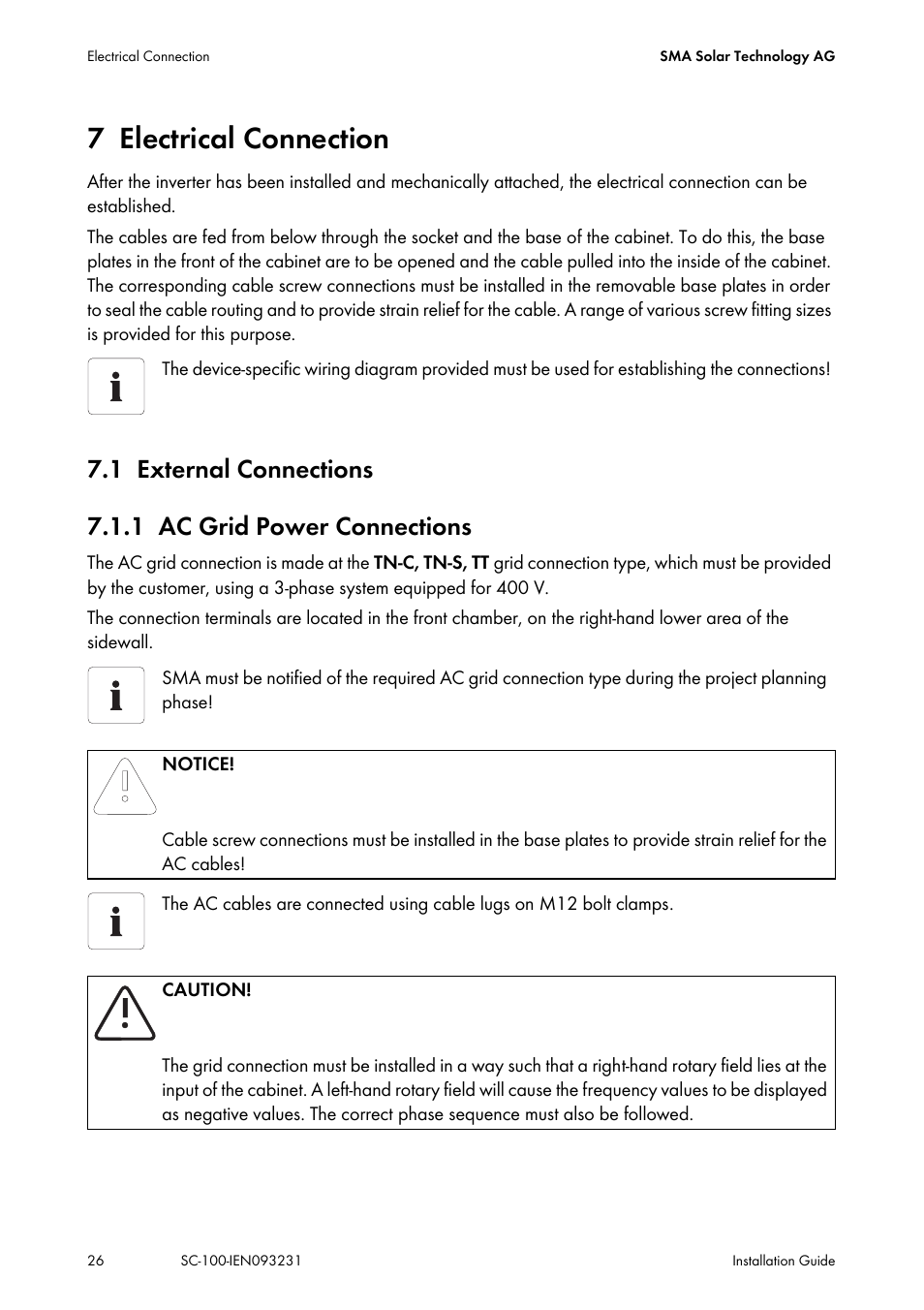 7 electrical connection, 1 external connections, 1 ac grid power connections | Electrical connection, External connections, Ac grid power connections | SMA SC 100 Indoor Installation User Manual | Page 26 / 56