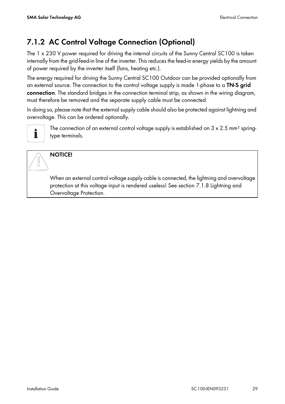 2 ac control voltage connection (optional), Ac control voltage connection (optional) | SMA SC 100 Indoor Installation User Manual | Page 29 / 56