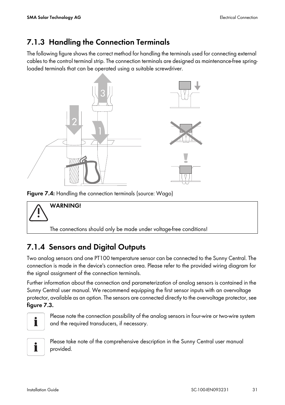 3 handling the connection terminals, 4 sensors and digital outputs, Handling the connection terminals | Sensors and digital outputs | SMA SC 100 Indoor Installation User Manual | Page 31 / 56
