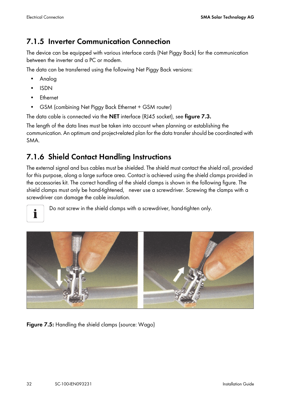 5 inverter communication connection, 6 shield contact handling instructions, Inverter communication connection | Shield contact handling instructions | SMA SC 100 Indoor Installation User Manual | Page 32 / 56